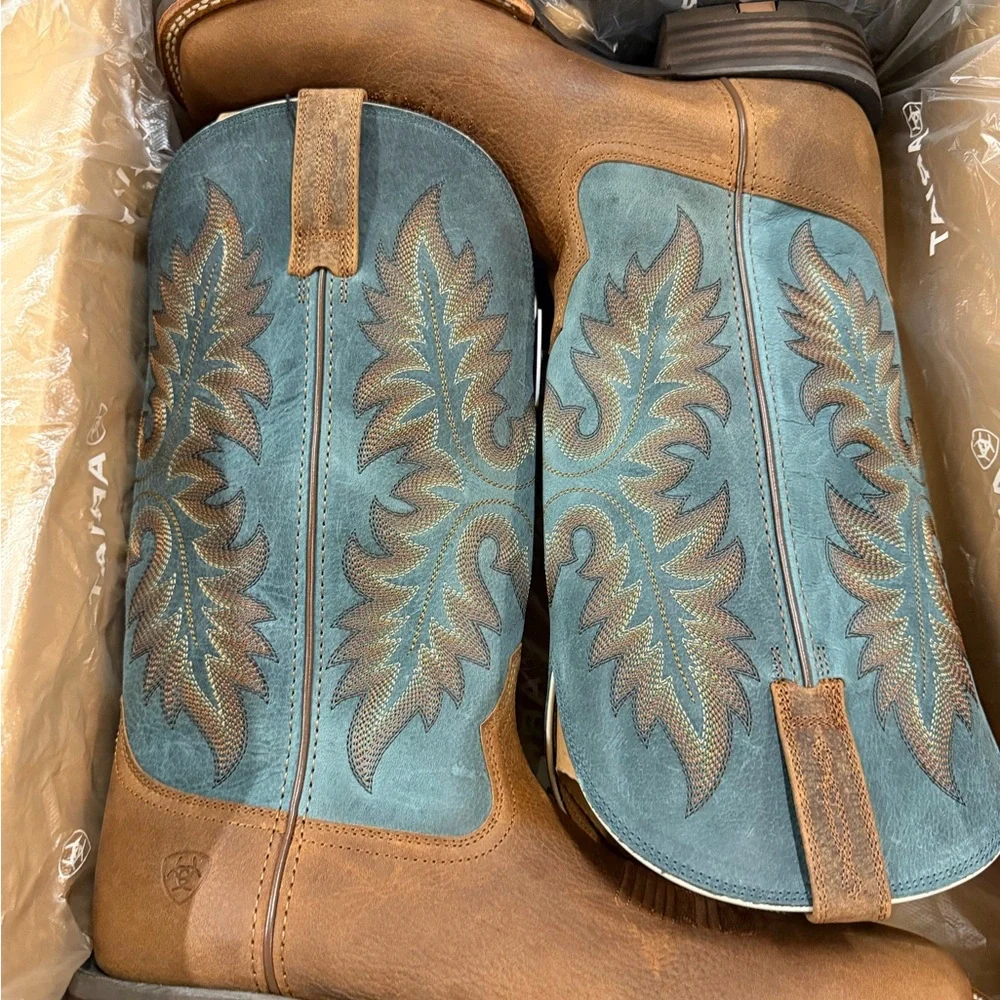 Ariat Men's Brown Leather Western Boots with Blue Embroidered Shaft - Picture 6 of 8